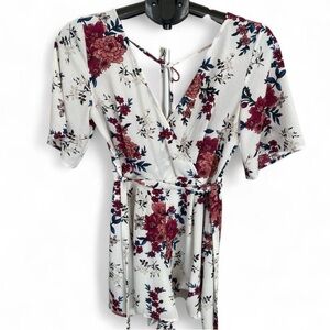 Floral Wrap Top - White and Red